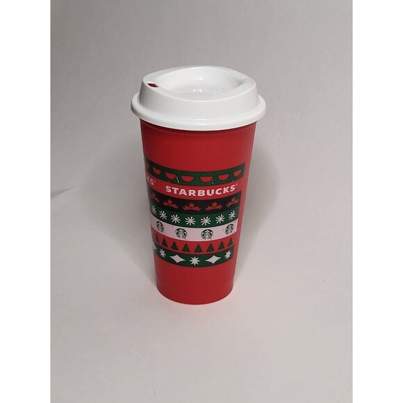 Starbucks Christmas Reusable Tall Cup With Lid Red Green White Mug Plastic - Picture 5 of 12
